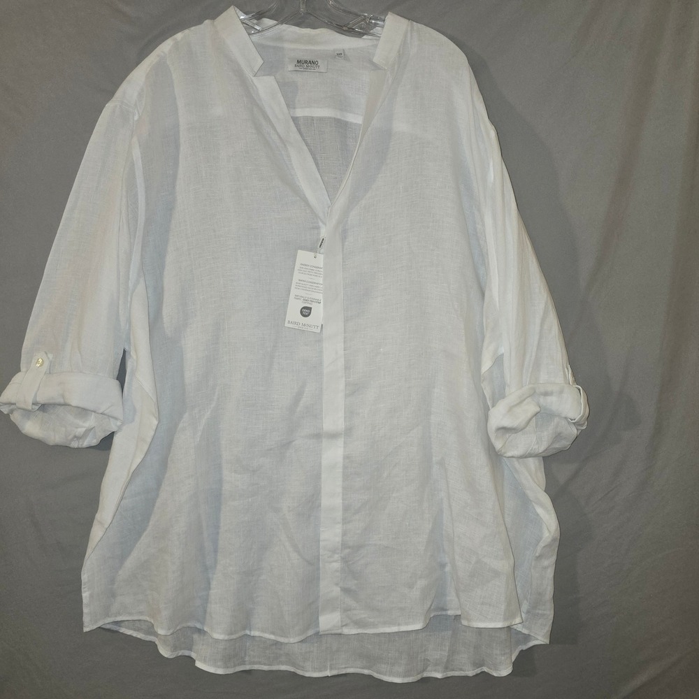 Murano Linen Shirt 3XB Men White Baird McNutt Split Neck Roll Tab Sleeve NEW